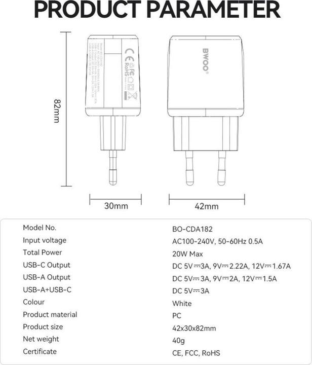 Actual product image Bwoo wall charger CDA182 QC 38W 1x USB-A + 1x USB-C black (38 W, 2 ports)