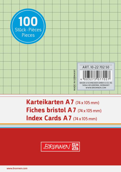 Actual product image Brunnen Index cards A7 chequered green PU=100 pieces (A7, 180 g/m²)