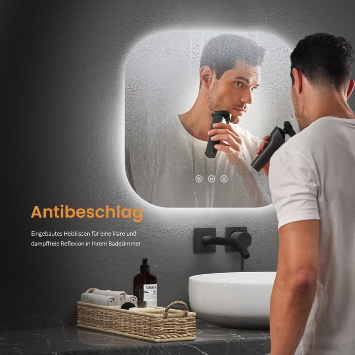 Actual product image Emke Bathroom Mirror With Lighting 50*50cm,Fog-Free, 3 Colour Temperatures (3000K-6500K)&Dimmable