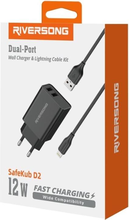 Image du produit Riversong chargeur mural SafeKub D2 2x USB 12W noir + câble USB - Lightning AD29 + CL85 (12 W, 2 ports)
