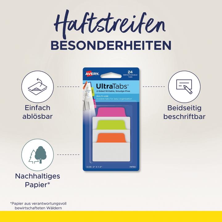 Produktbild Avery Zweckform Haftstreifen UltraTabs Neon, 50,8 x 38 mm beschreibbare Taben, aus Polyester, papierbesch