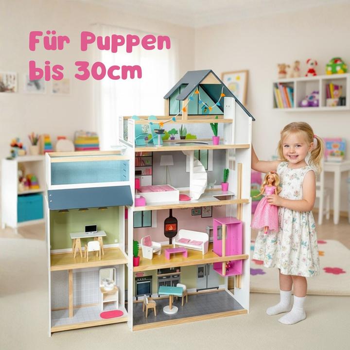 Actual product image Hermex 33-tlg. XXL Puppenhaus aus Holz Puppenvilla Spielhaus für Barbies