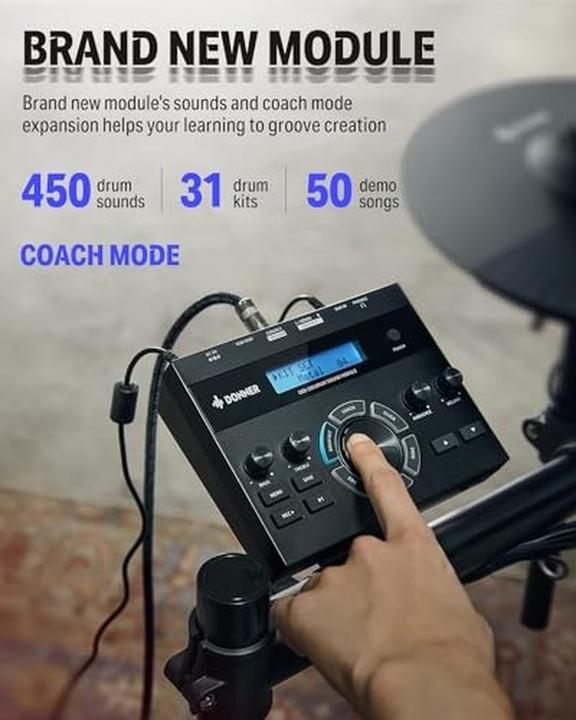 Image du produit Donner Batterie électronique silencieuse avec pads mesh, 5 pads, 4 cymbales, 450 sons, 31 kits, USB-MIDI (Batterie électronique)