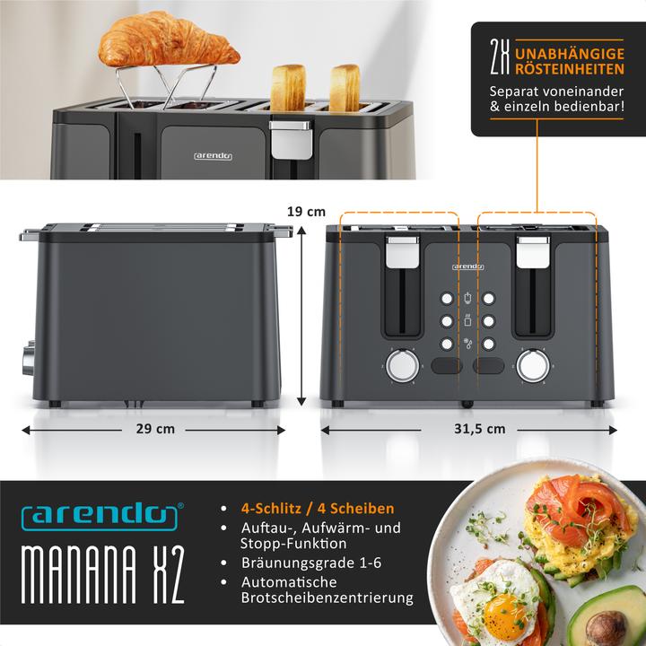 Produktbild Arendo Toaster 4 Scheiben Kurzschlitz, Edelstahl, Wärmeisolierendes Doppelwandgehäuse, Automatik, 1750 W
