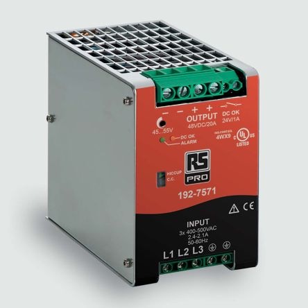 Actual product image Rs Pro DIN rail power supply, 400500V ac, 48V / 20A