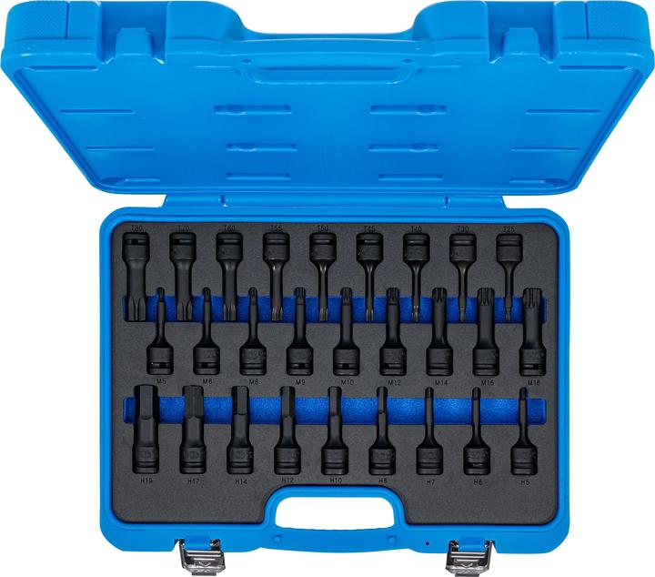 Actual product image BGS Impact Bit Socket Set 27 pcs. (5 - 6 - 7 - 8 - 10 - 12 - 14 - 17 - 19 mm, M5 - M6 - M8 - M9 - M10 - M12 - M14 - M16 - M18, T25 - T30 - T40 - T45 - T50 - T55 - T60 - T70 - T80)