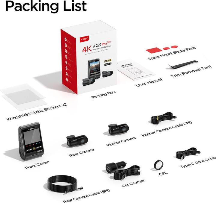 Image du produit Viofo A229 Pro 3CH (Écran intégré, WiFi, Vision nocturne, Récepteur GPS, Accéléromètre, Microphone intégré, 4K)