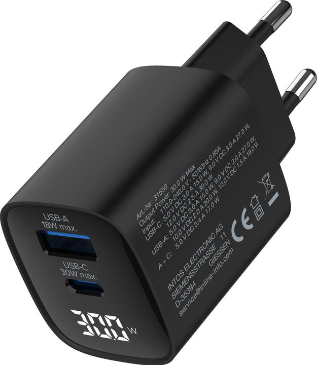 Produktbild InLine USB PD Netzteil, GaN Ladegerät, 2-Port, USB-C + USB-A, 30W, mit Display, schwarz (30 W, 2 Ports)