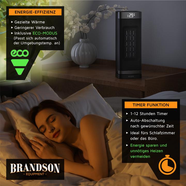 Actual product image Brandson Keramik Heizlüfter 2000W, 70° Oszillation, Kippschutz, Temperatureinstellung 10-35°C, schwarz/silber (2000 W)