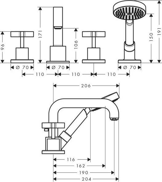 Actual product image Axor 4-hole bath tub rim mixer CITTERIO DN 15 with cross handles and rosettes chrome