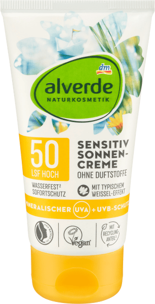 Actual product image dm alverde Sensitive sun cream SPF 50 (Suntan cream, SPF 50)