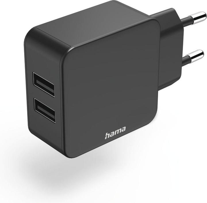 Hama 2-fach-Ladegerät, USB-A-Netzteil, 2x 2,4 A, Universaladapter, 12 W, Schwarz (12 W, 1 Port)