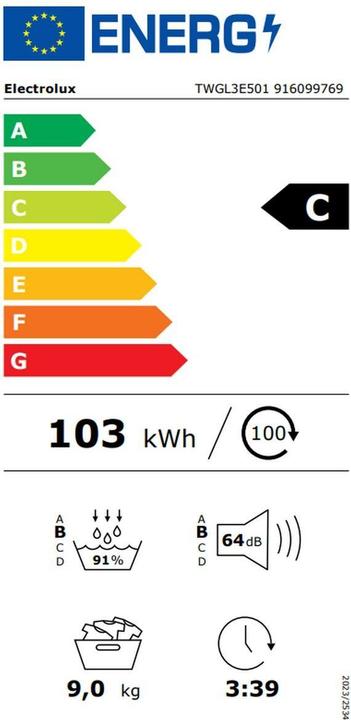 Energie-Label Electrolux TWGL3E501 (9 kg, Wechselbar)
