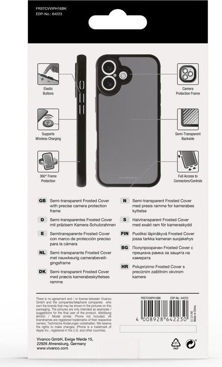 Immagine prodotto Vivanco Cover FROSTED per iPhone 16, semitrasparente/nera, cornice di protezione della fotocamera interna (Apple iPhone 16)