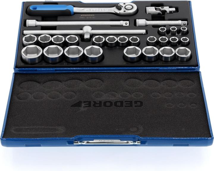 Actual product image Gedore 19 VMU-10 Socket spanner set 1/2" 28 pieces hexagon 10-36 mm (36 mm, 18 mm, 11 mm, 12 mm, 20 mm, 19 mm, 27 mm, 15 mm, 25 mm, 13 mm, 21 mm, 33 mm, 14 mm, 29 mm, 34 mm, 10 mm, 30 mm, 23 mm, 26 mm, 22 mm, 17 mm, 28 mm, 16 mm, 32 mm, 35 mm, 24 mm, 31 mm)