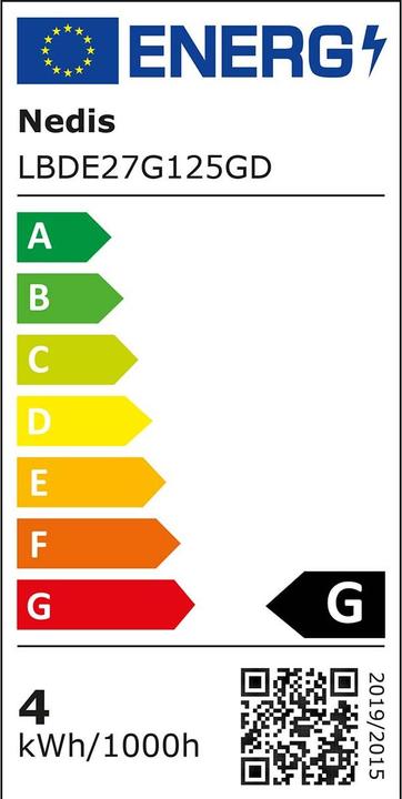 Label énergétique Nedis LBDE27G125GD Lampe LED à filament E27 G125 3.8 W 250 lm 2100 K blanc extra chaud Nombre de lampes (E27, 270 lm, 1x)