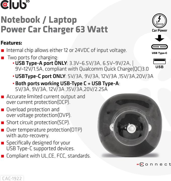 Image du produit Club 3D Club3D Chargeur USB pour voiture 1xUSB C, 1xUSB A, 63W, 12/24V retail