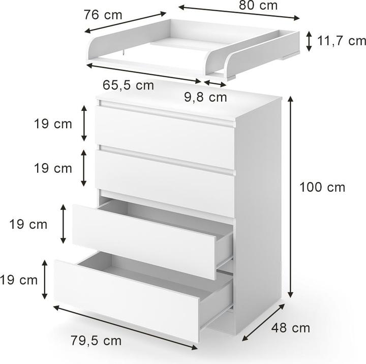 Produktbild VitaliSpa Wickelkommode Emmi, Weiss, 80 x 111.6 cm mit 4 Schubladen