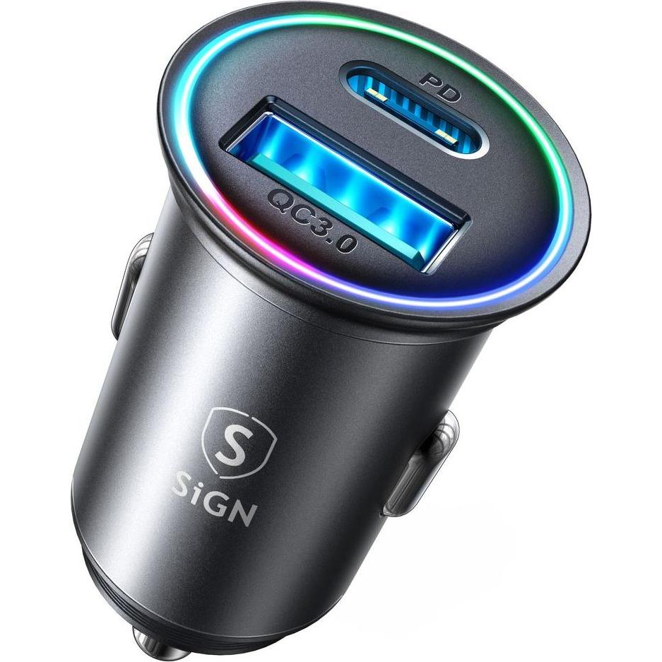SIGN Mini Metal Car Charger 60W, with USB-C & USB-A, Adattatore per auto
