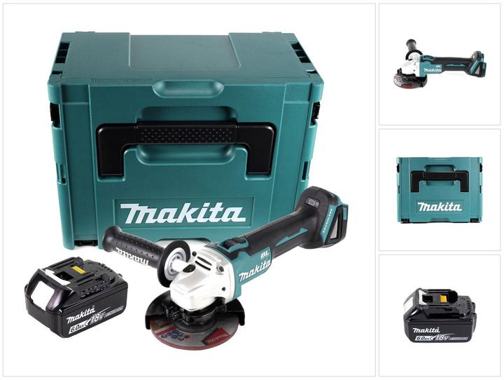 1x Makita DGA 504 angle grinder, 1x Makita 125 mm grinding disc ( A-80656 ), 1x assembly tool, 1x additional handle, 1x Makita BL 1860 B 18 V 6.0 Ah battery, 1x Makita Makpac, 1x matching insert