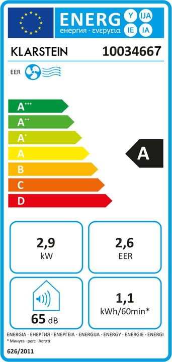 Energie-Label Klarstein Mobile Klimaanlage (10.000 BTU, Anthrazit) (49 m², 10000 BTU/h)