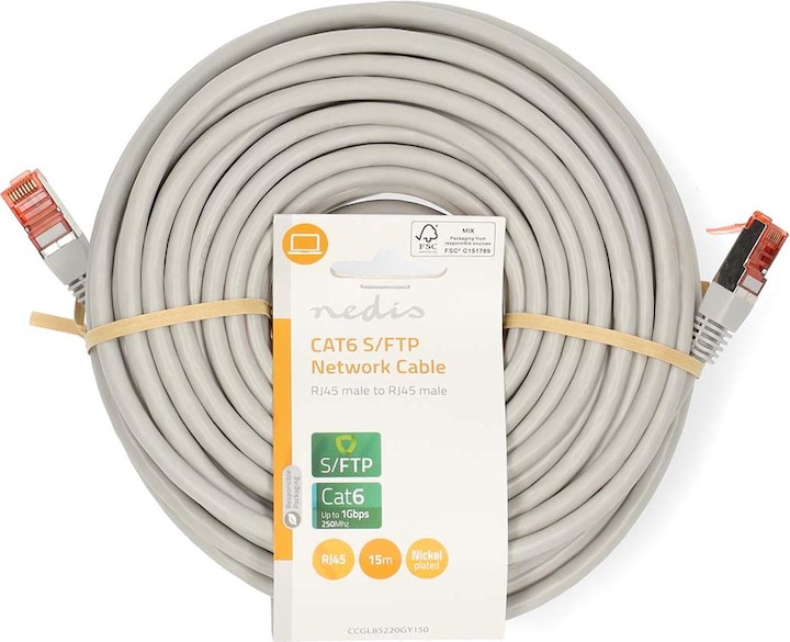 Actual product image Nedis Cat 6 Cable | RJ45 Plug | RJ45 Plug | SF/UTP | 15.0 m | Round | PVC | Grey | Label (S/FTP, CAT6, 15 m)