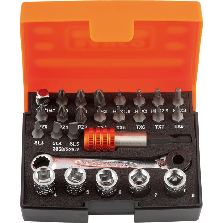Produktbild Bahco Bit-Steckschlüssel-Satz mit kleiner 1/4" Bit-Knarre und Adaptern für Schlitz/Phillips/Pozidriv/TOR (5 mm)