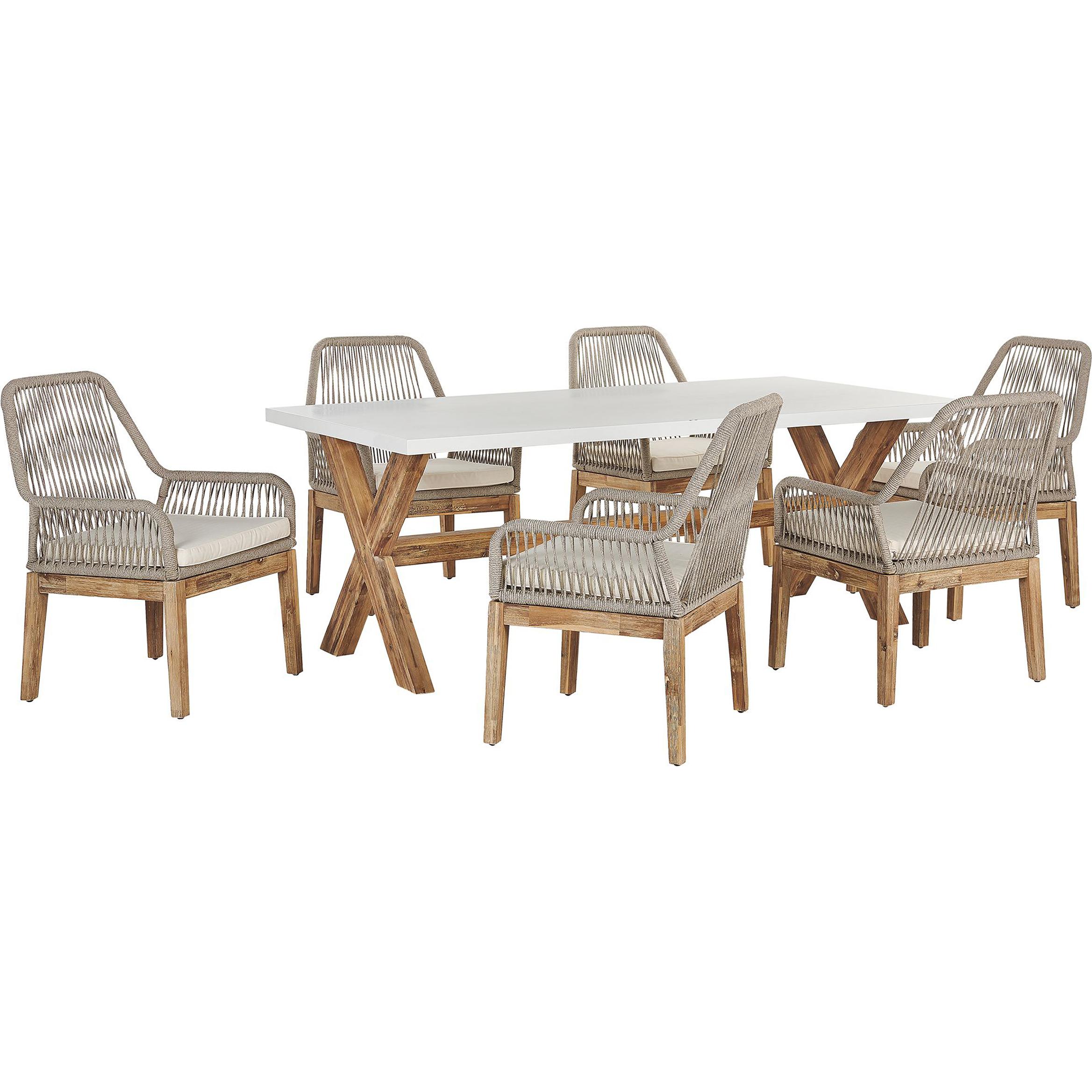 Thumbnail - Beliani, Gartentisch + Balkontisch, Gartenmöbel Set Faserzement 200 x 100 cm 6-Sitzer Stühle weiss / beige OLBIA (200 cm...