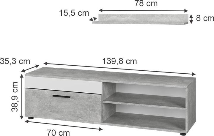 Actual product image Vicco Lowboard & Regal Berno, Beton/Weiss, mit 1 Klappe