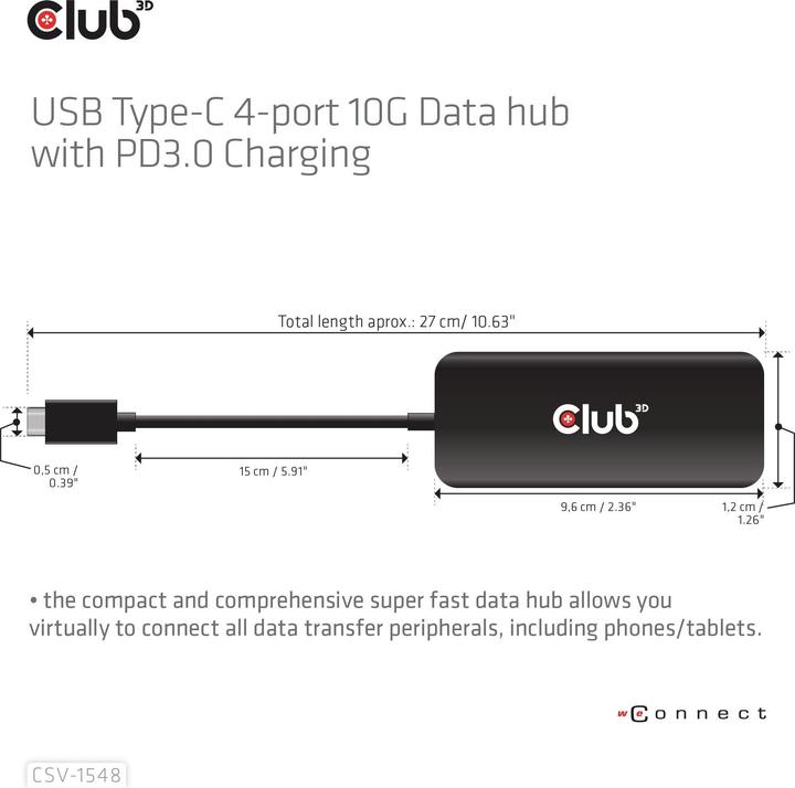 Produktbild Club 3D Club3D USB-Hub Typ C > 4x USB Typ C 10Gbps + 100W PD St/Bu retail (USB-C, 4 Ports)