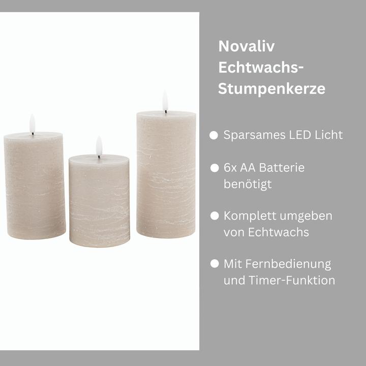 Immagine prodotto Novaliv 3er Set Led Kerzen 7,5cm ø Kerze flackernde Flamme mit Fernbedingung GRAU TAUPE 15 cm + 12,5 cm + 10 (3 x)