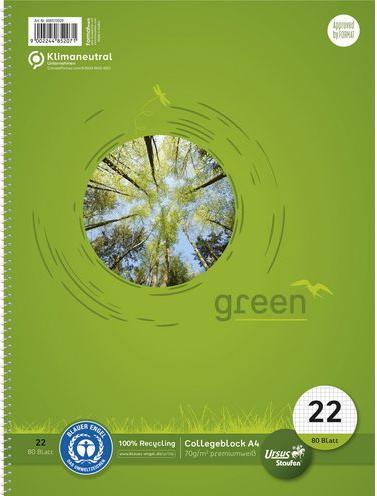 Produktbild Ursus Collegeblock Grün A4 Kariert ECO 80 Blatt (A4, Kariert)