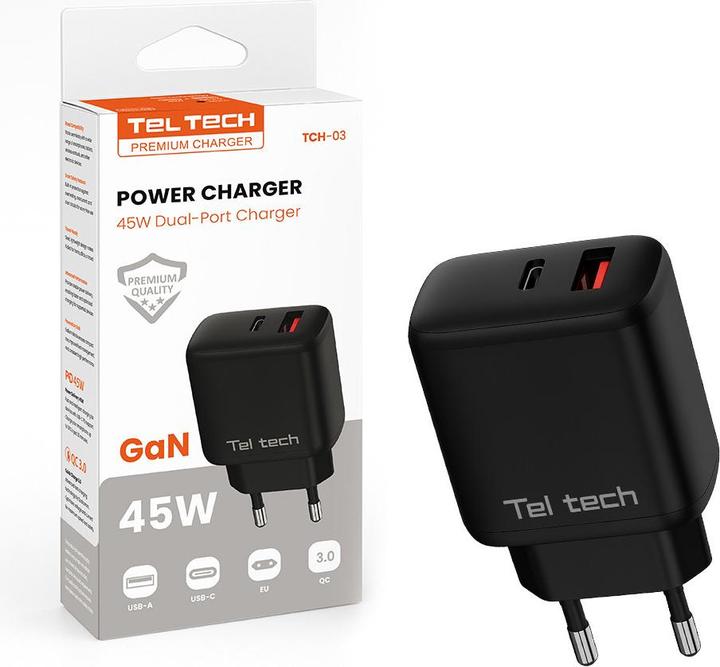 Teltech GAN 45W USB+TYPE-C SCHWARZES PD-LADEGERÄT TCH-03 (45 W, 2 ports)