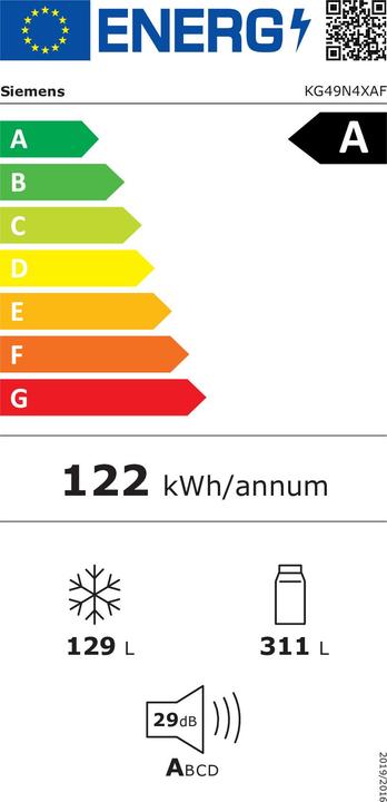 Energie-Label Siemens iQ500, free-standing fridge-freezer with freezer at bottom, 203 x 70 cm, BlackSteel, KG49N4XAF (440 l)