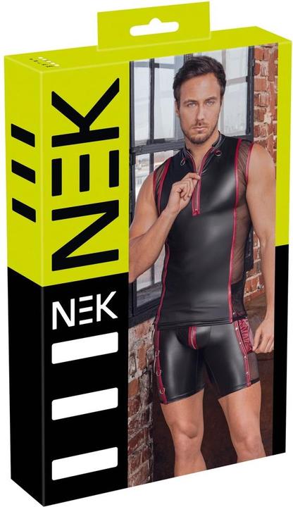 Black with red contrasting stripes and silver-coloured details