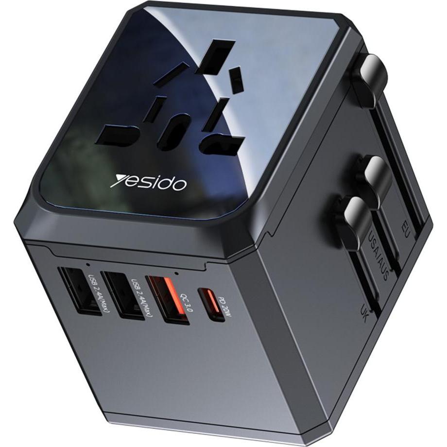 Yesido, Adattatore da viaggio, - Travel Adapter (MC24) - Type-C, USB3.0, 2x USB2.4, Multifunctional Fast Charger - Black