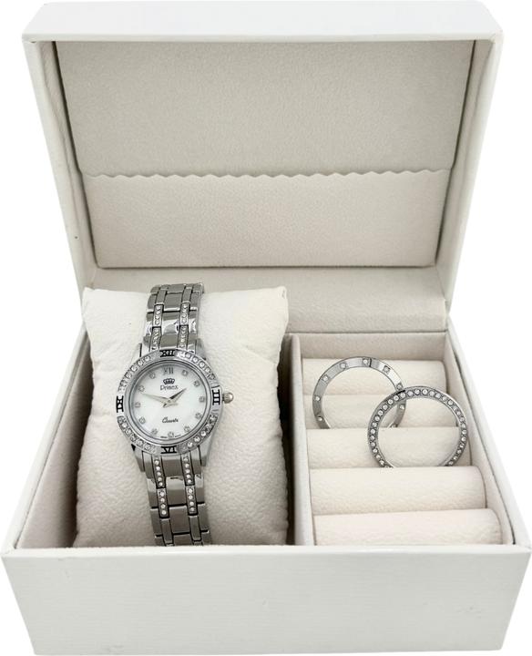 Immagine prodotto Primex Schweizer Damenuhr – Metallarmband – Perlmuttzifferblatt – 3 austauschbare Lünetten (Fatto in Svizzera, Orologio da polso analogico, 30 mm)