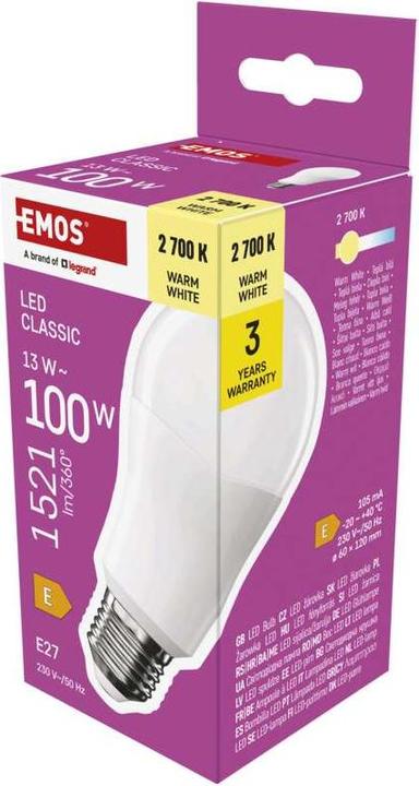 Image du produit Emos Lampe LED Classic A60 / E27 / 13 W (100 W) / 1521 lm / Blanc chaud (E27, 13 W, 1521 lm, 1 x, E)