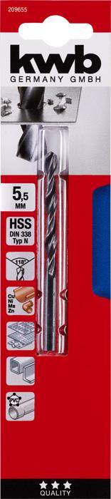 Produktbild kwb 209655 HSS Spiralbohrer 5.5 mm Gesamtlänge 93 mm DIN 338 Zylinderschaft 1 (5.5 mm)