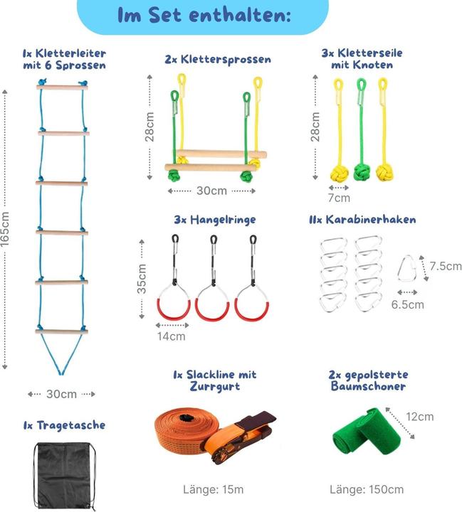 Produktbild Hermex Slackline-Set für Kinder Kletterseil-Set Hangel-Set Hindernisparcours (15 m)