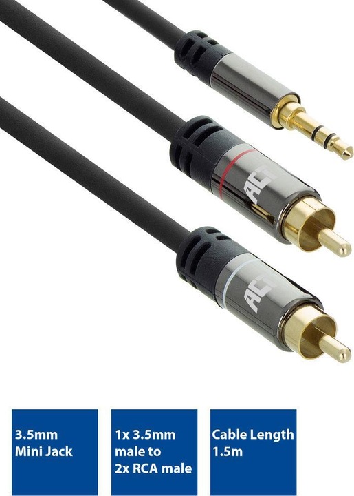 Produktbild 1.5 meter High Quality audio connection cable 1x 3.5mm stereo jack male - 2x RCA male (1.50 m, 3.5mm Klinke (AUX))