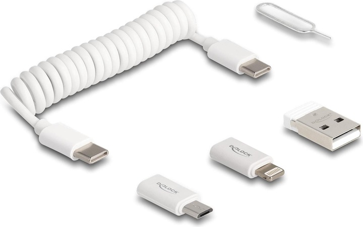 Actual product image Delock 5 in 1 USB data and charging cable and adapter set PD 3.0 60 W white (0.10 m, USB 2.0)