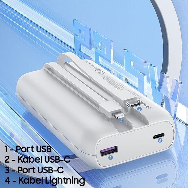 Produktbild Awei PowerBank P169K 20000mAh 22.5W czarny/black wyświetlacz + kable PD/Lightning (20000 mAh, 22 W, 22.50 Wh)