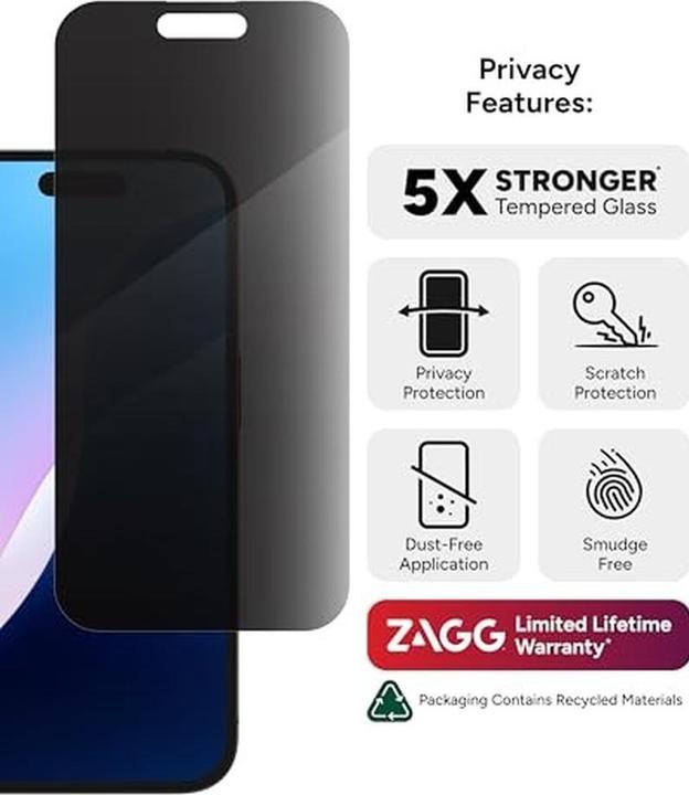 Actual product image Zagg InvisibleShield Glass Elite Privacy Apple iPhone 16/15 Screen (1 pcs., Apple iPhone 15, Apple iPhone 16)