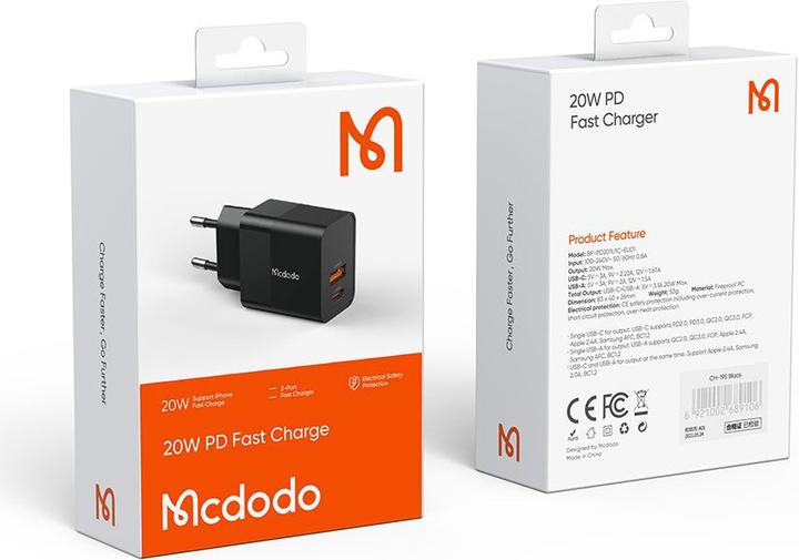 Produktbild Mcdodo Ladegerät 20W PD+QC - Schwarz (20 W, 2 Ports)