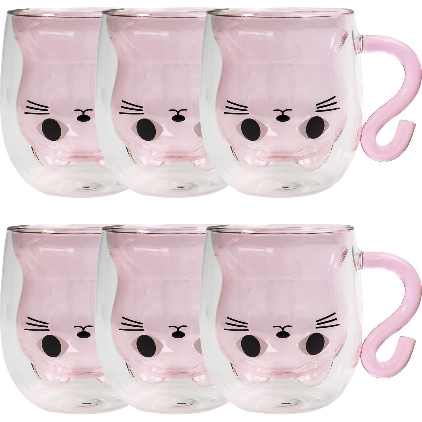 Intirilife Doppelwandiges Thermo Glas Set Design Katze, Trinkgläser, Rosa