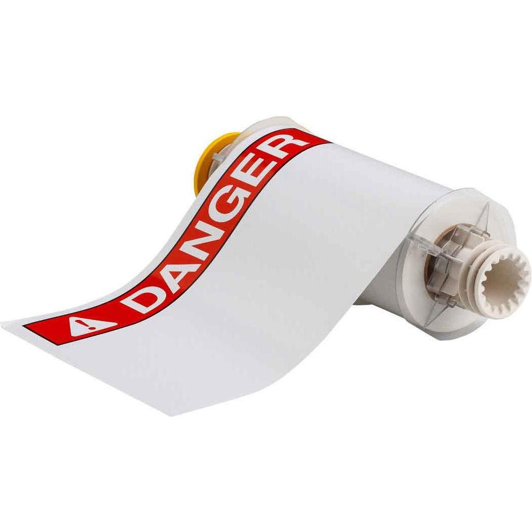 Brady, Etikettenrol, B85-178x254-595-ANSIDA, voorbedrukte vinyl etiketten, wit op rood, glanzend, 177,80 x 254,0 (25.40 cm)