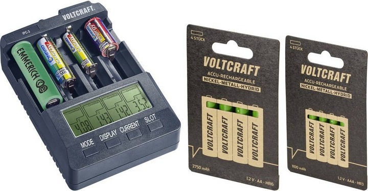 Actual product image Voltcraft IPC-3 + HR03 SE + HR6 SE Round cell charger LiIon, NiCd, NiMH 10440, 14500, 16340, 16650, 17355 (1 pcs., 10440, 14500, 16340, 16650, 17355, 17500, 17670, 18490, 18500, 18650, 22650, 26500, 26650, A, Sub-C, RCR123A, AA, AAA, 2750 mAh, Battery + charger)
