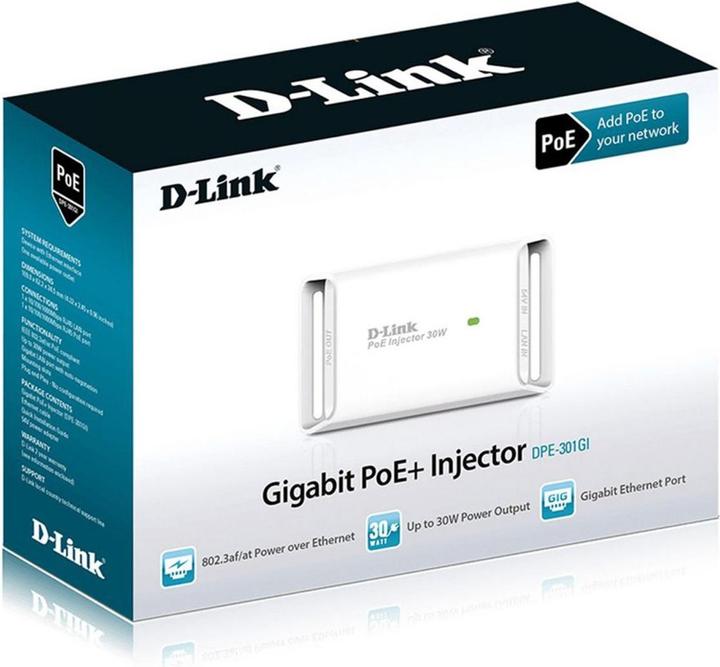 Actual product image D-Link DPE-301GI PoE Adapter/Injector (802.3af (PoE), 802.3at (PoE+), 30 W)