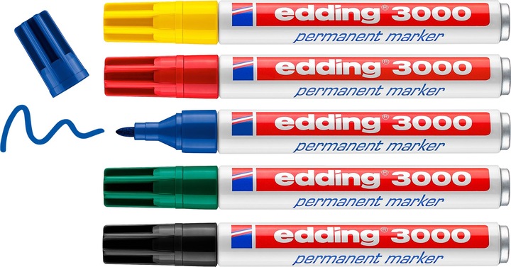 Immagine prodotto Edding Marcatore permanente 3000 5 pezzi, verde/giallo/blu/rosso (Rosso, Nero, Blu, Giallo, Verde, 3 mm, 5 x)